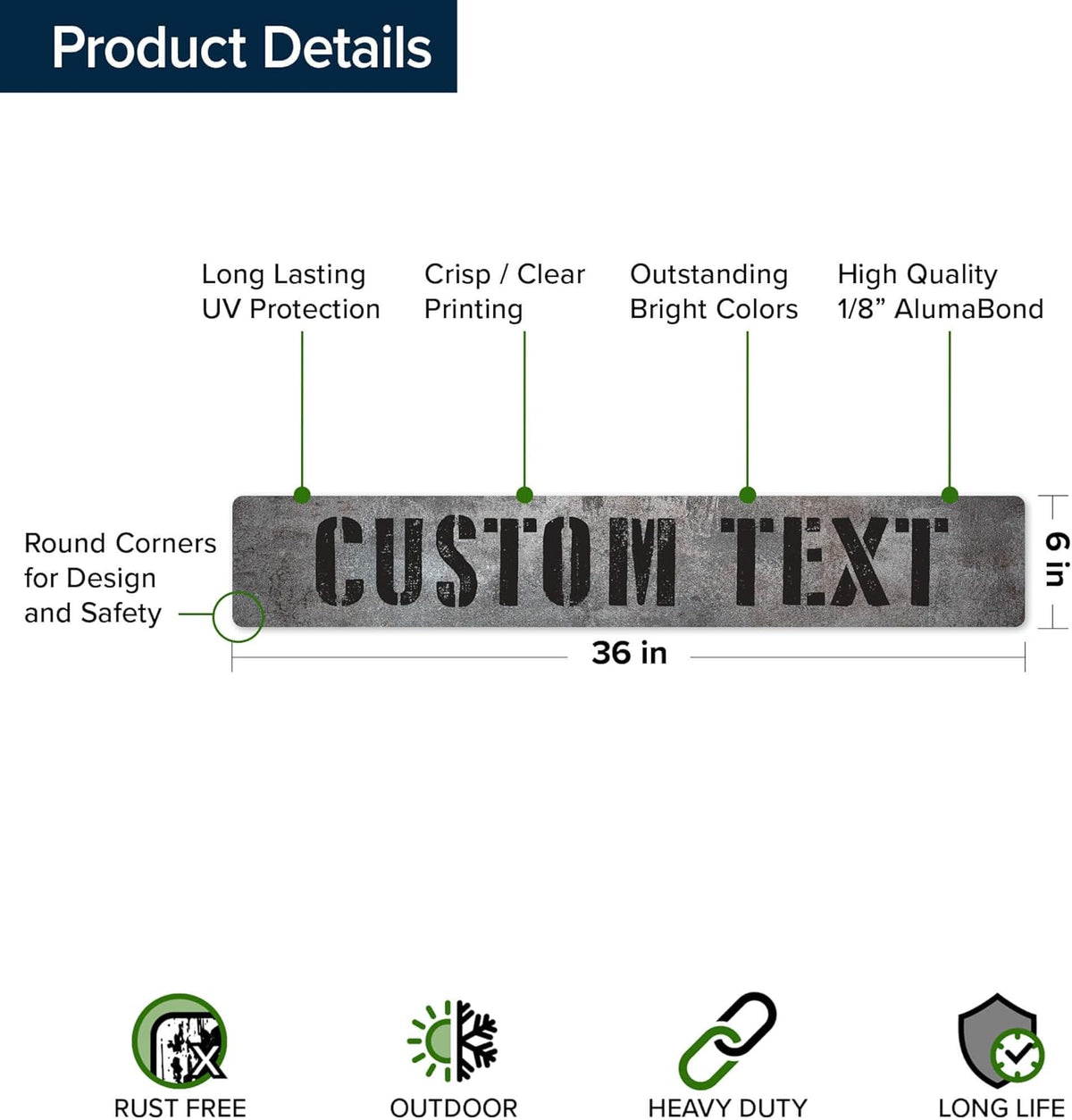 Custom Sign, Custom Street Sign, 11 Font Colors, 13 Font Styles, 4 Hole Options, 22 Sizes, 6x36