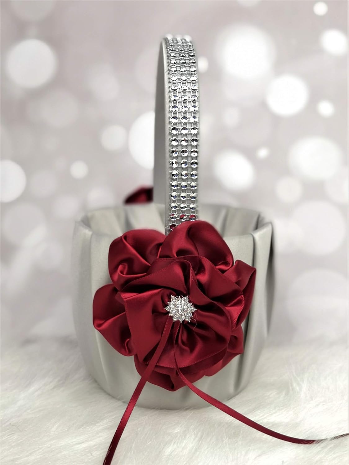 Abbie Home Flower Girl Basket in Silver Satin Cover with Burgundy Ribbon Flower Rhinestone Decor