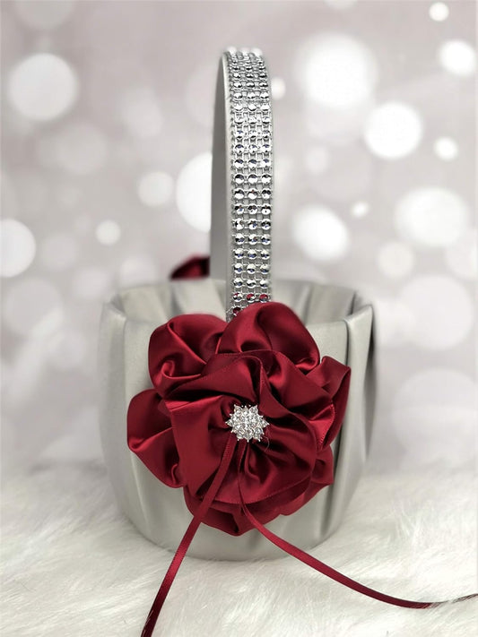 Abbie Home Flower Girl Basket in Silver Satin Cover with Burgundy Ribbon Flower Rhinestone Decor
