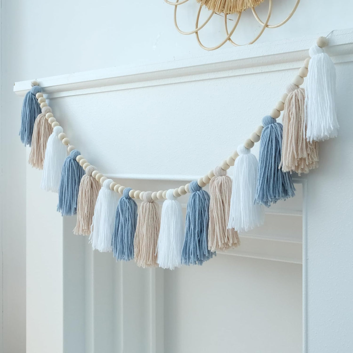 Boho Tassel Garland Wall Hanging with Wood Beads Blue Tassel Garland for Baby Shower Kids Room