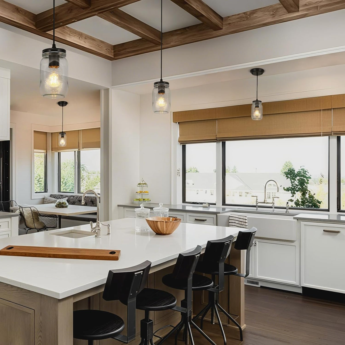 Black Pendant Lights, 2 Pack Clear Glass Pendant Lights Kitchen Island, Farmhouse Mason Jar Pendant