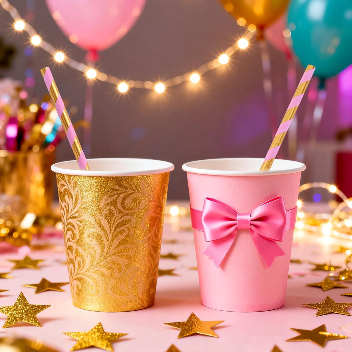 Paper Straws for drinking - Pink Gold Striped Biodegradable Disposable Paper Straws, 7.75 Inch, 100