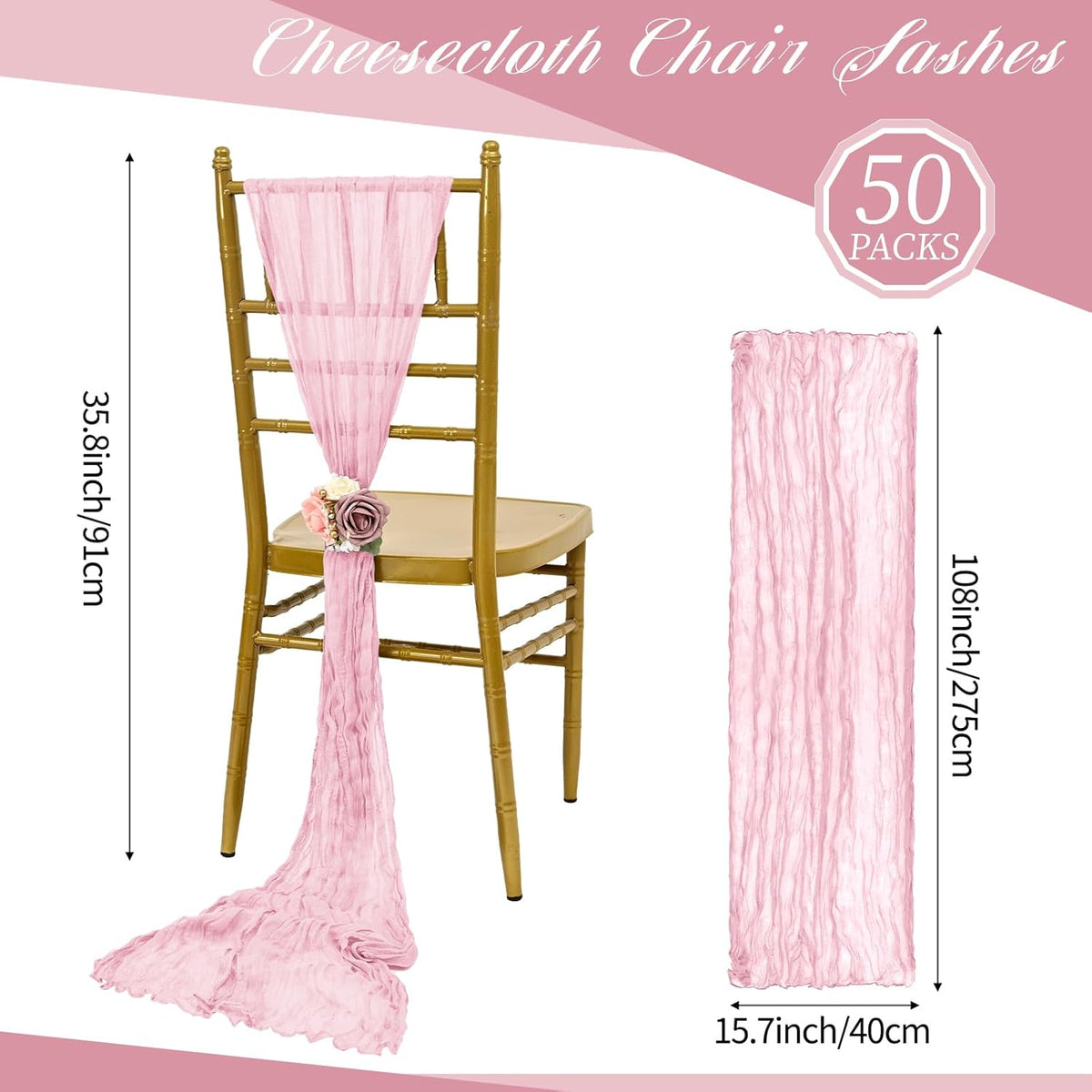 50 PCS Cheesecloth Chair Sashes, Bows Designed ChairSashes, 15.7x108 inch Chair Sashes for Aisle