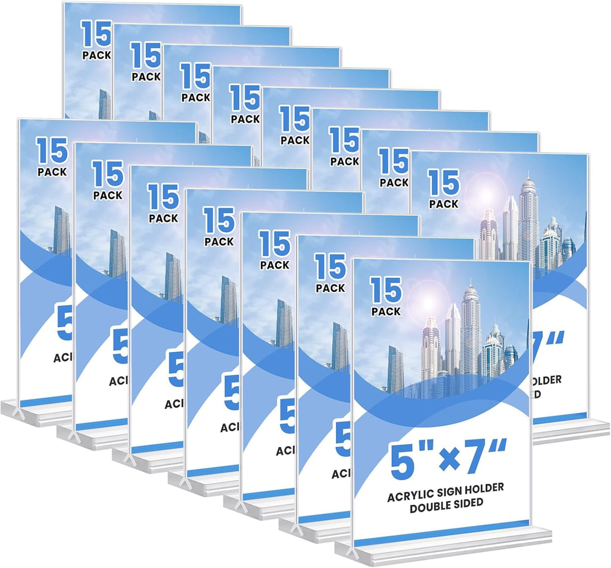 Acrylic Sign Holder, 5x7, 15 Pack Vertical Clear Table Menu Display, Double Sided, Plastic Stand