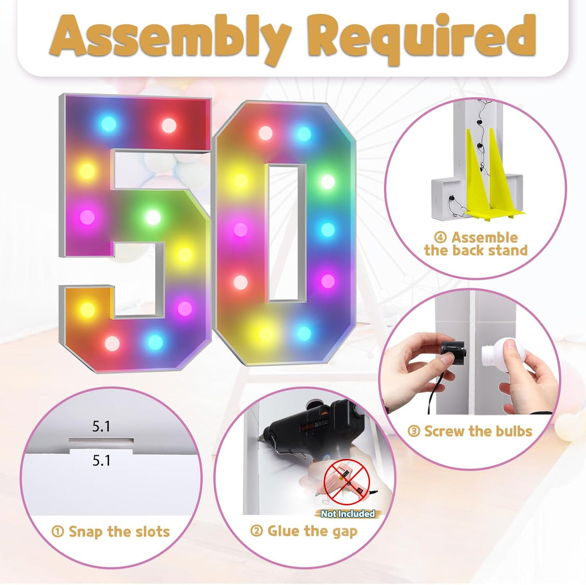 Marquee Numbers Colorful 50th-Birthday Decoration: 4FT Large Light Up 50 Year Old Birthday