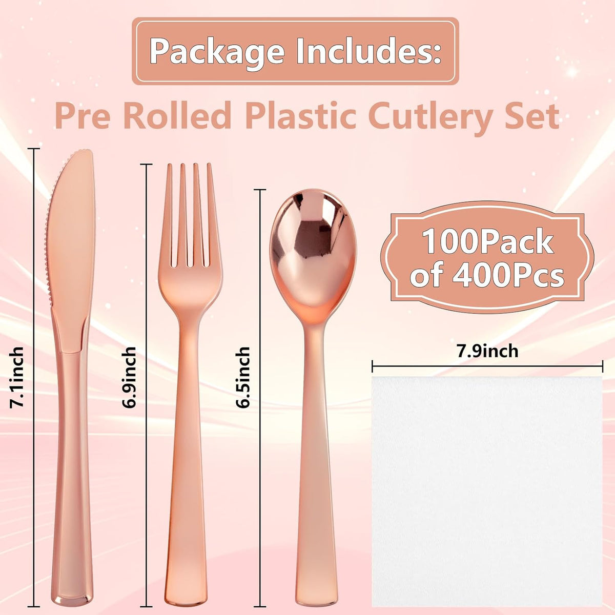 400PCS Pre Rolled Rose Gold Plastic Silverware Sets - Heavy Duty Rose Gold Cutlery - Include 100