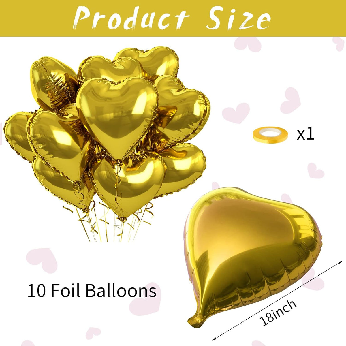 Gold Heart Foil Heart Shaped Balloons, 10PCS Gold Foil Heart Balloons Valentines Balloons, 18inch