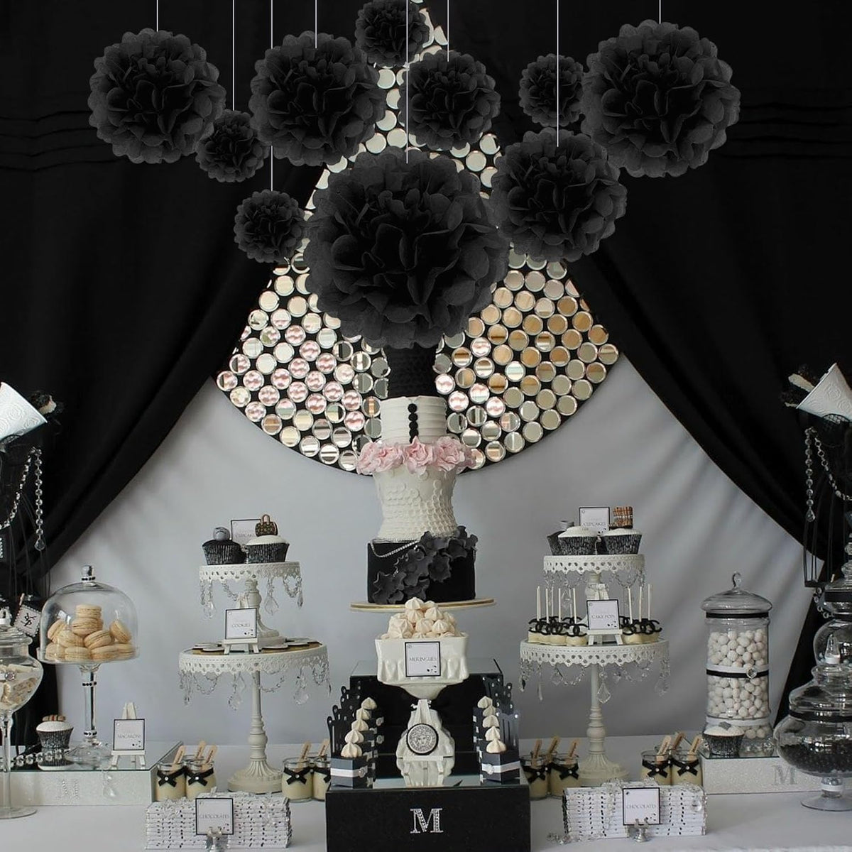 Tissue Paper Pom Poms, Black Tissue Paper Flowers, Hanging Flower Balls for Weddings Fiesta Parties