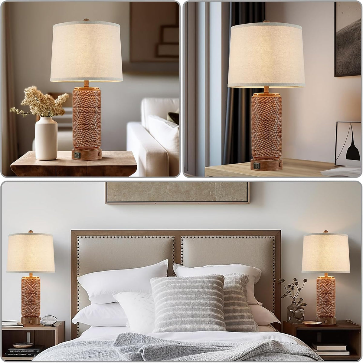 RORIA Set of 2 Vintage Touch Table Lamps for Living Room, 3 Way Dimmable Nightstand Lamp with 2 USB