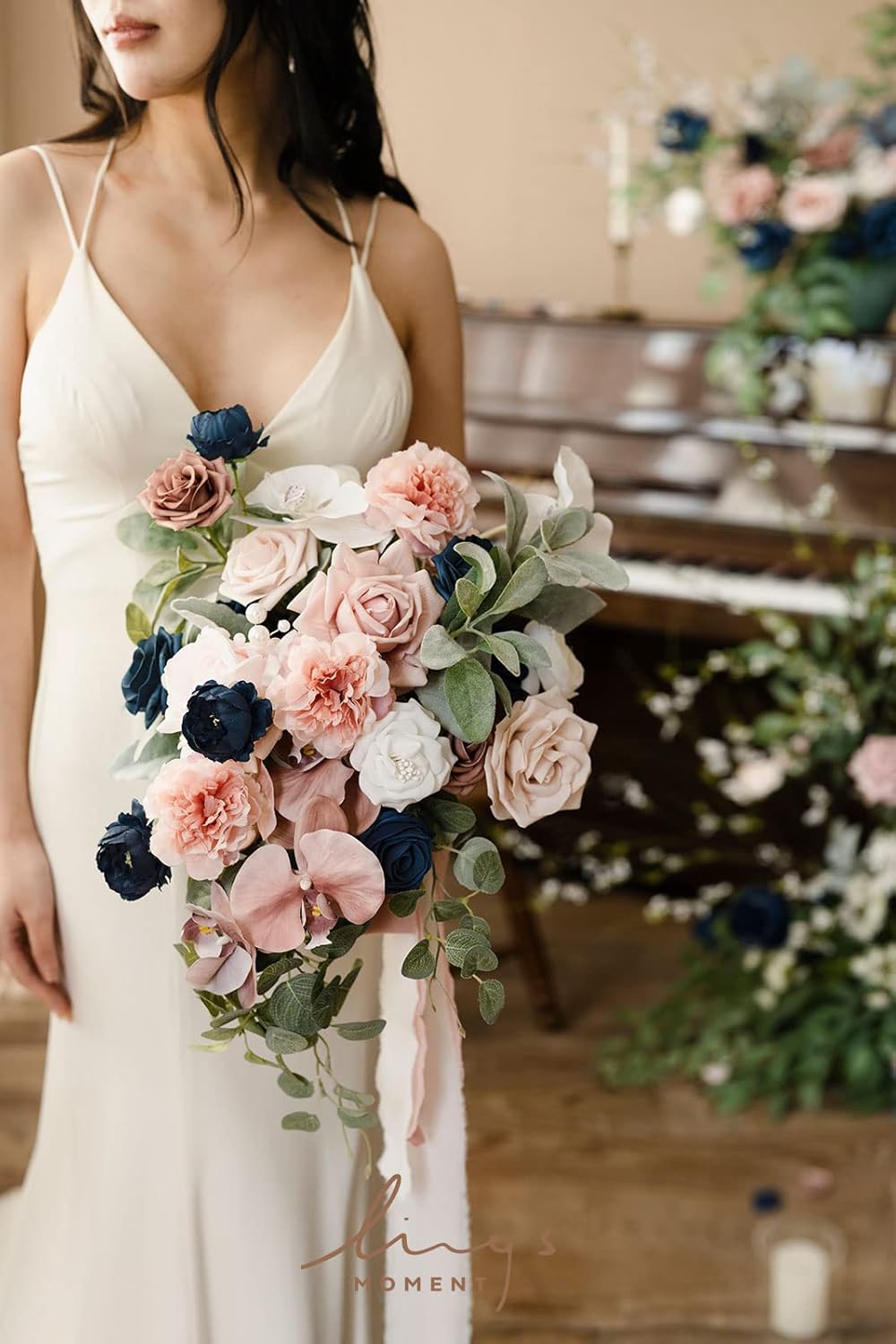 Ling's moment Dusty Rose Navy Blue Bridal Bouquet Cascading, Pink and Blue Wedding Bouquets for