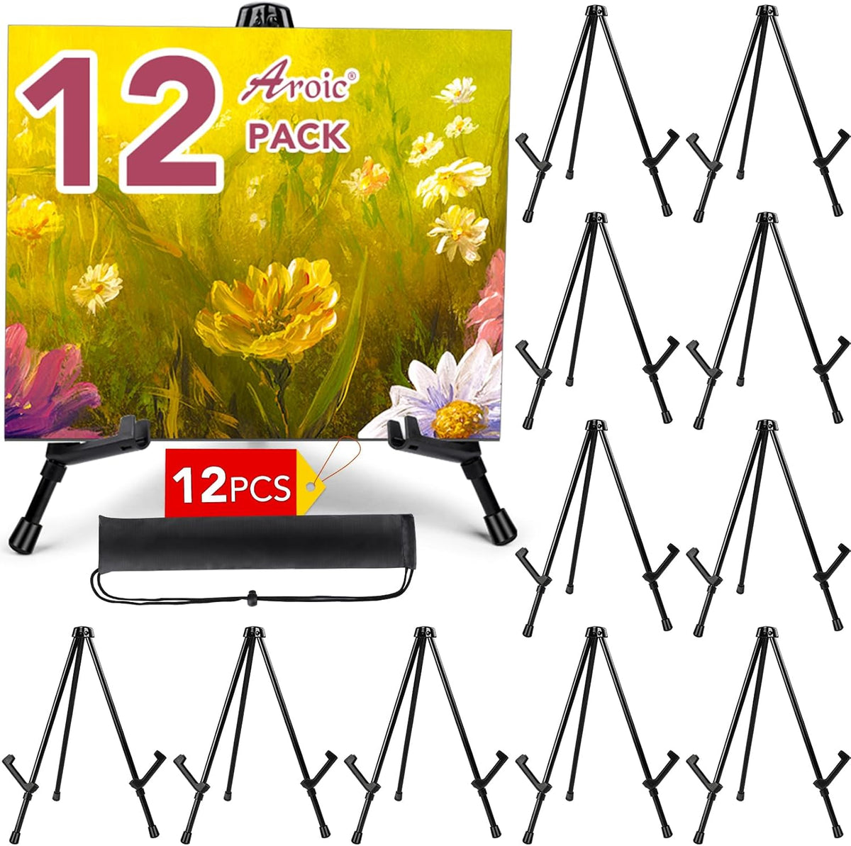 AROIC 12 Pack 14'' Tabletop Easels, Black Steel Table Top Easels for Display, Adjustable Portable