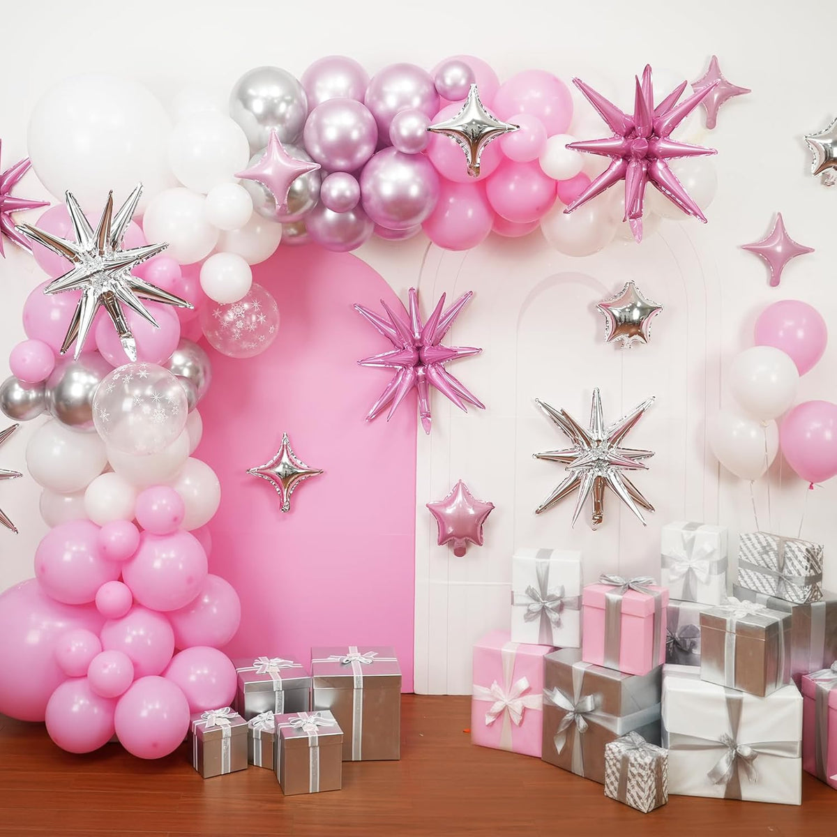 Pink Silver Star Balloon,16Pcs Star Foil Balloons Set with 22Inch Explosion Spike Cone Balloons and