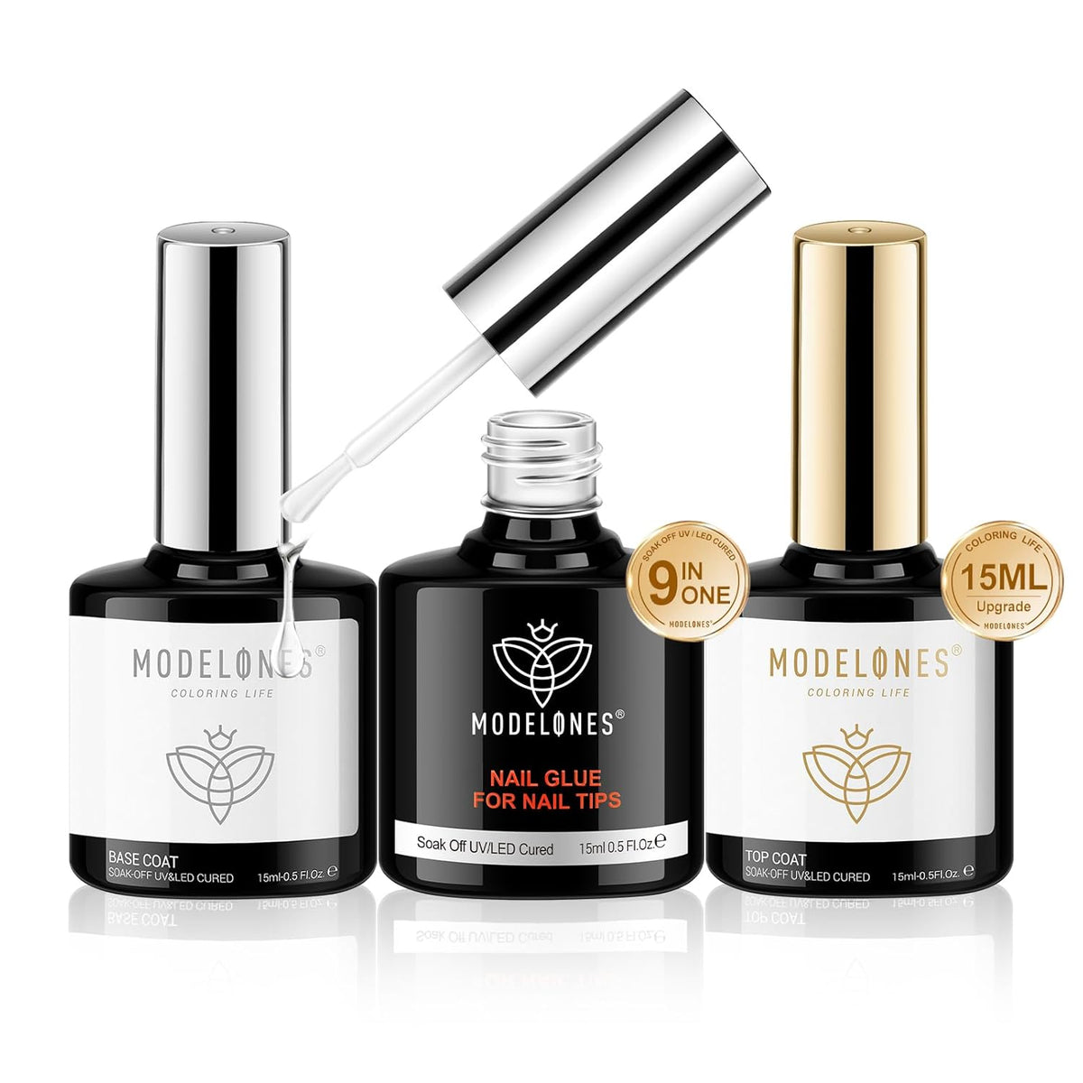 modelones Nail Glue & Top Coat Base Gel Set No Wipe Long Lasting Glossy Gel Top Coat Base Coat 9 in
