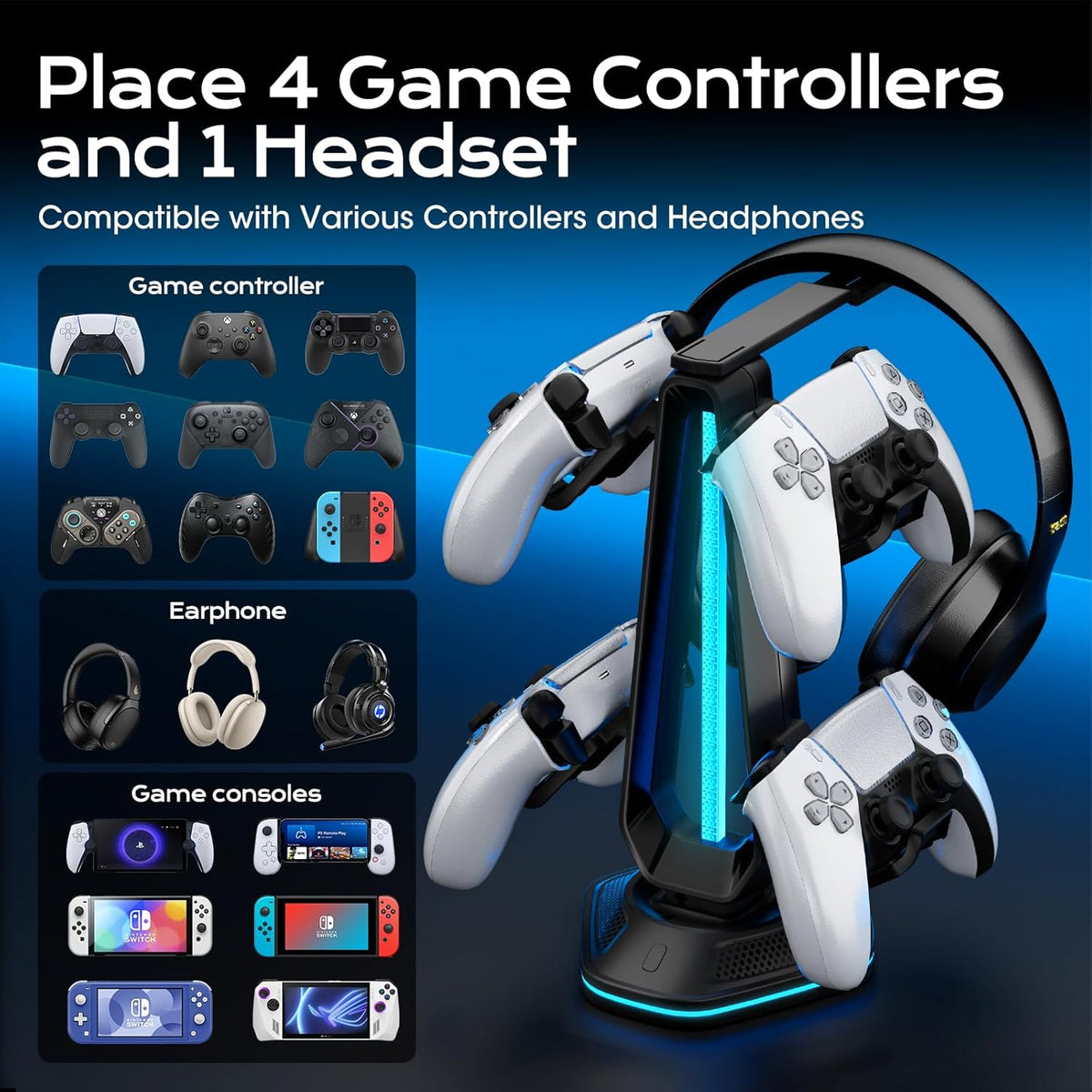 Saitake RGB Headset Stand with 9 Light Modes,Controller Holder for Desk with 2 USB Charging