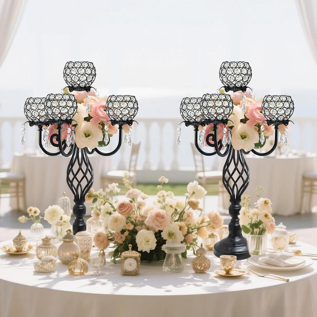 5-Arm Crystal Candelabra Centerpiece 23.2" Tall - Elegant Candle Holder Stand with Crystal Bowl