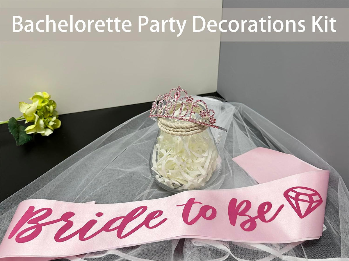 JETKONG 3 Pcs Bachelorette Party Decorations BRIDE Crown, Bride to Be Sash&Veil for Women