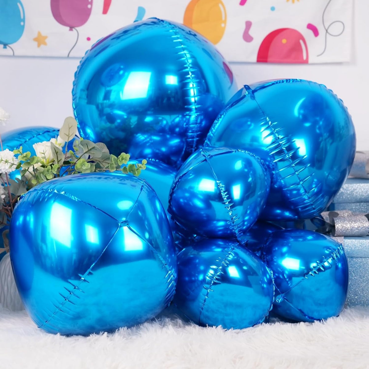 12Pcs Dark Blue Round Foil Balloons, 22" 15" 10" 4D Helium Ball Balloon, Metallic Blue Foil Balloon