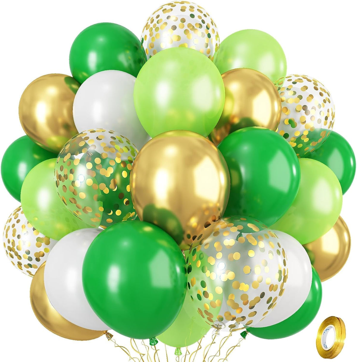 Green Gold Balloons Set, Dark Green Pearl Lime Green Metallic Gold White with Confetti Latex