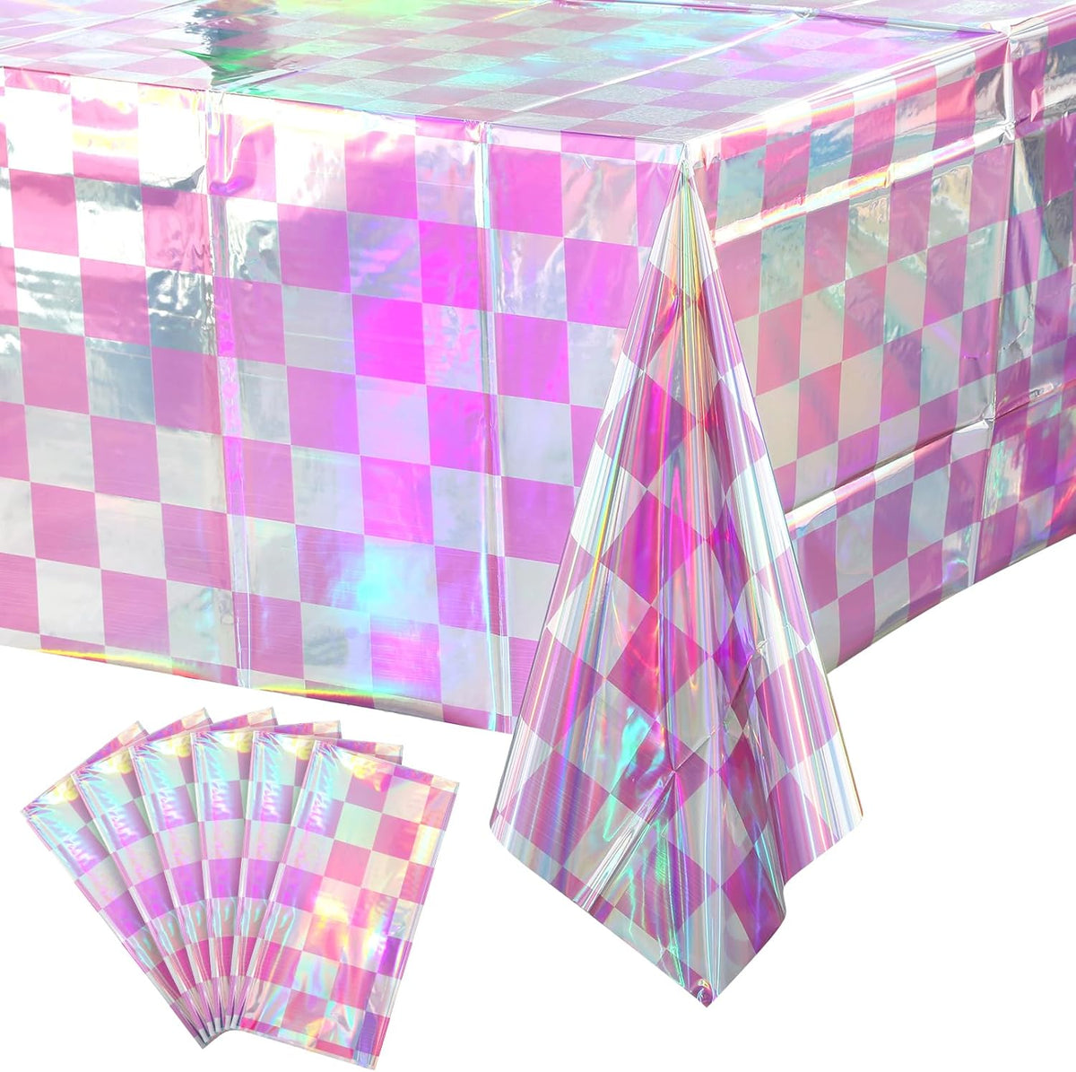 6 Pack Pink and Iridescent Checkered Plastic Tablecloth, Shiny Disposable Laser Rectangle Table