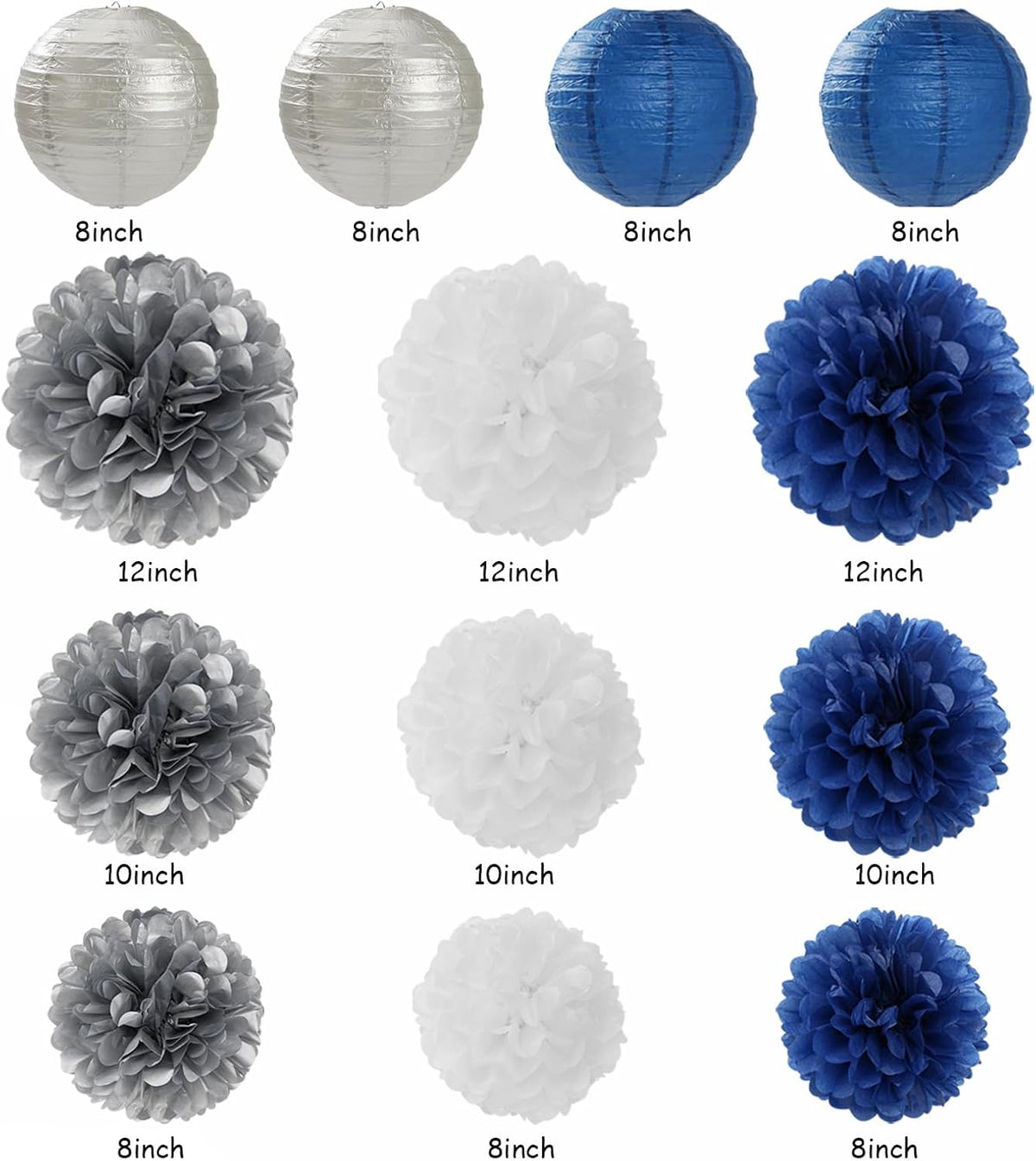 Navy-Blue White Silver Party-Decorations - 20pcs Graduation Paper Lanterns Fans,Tissue Pom