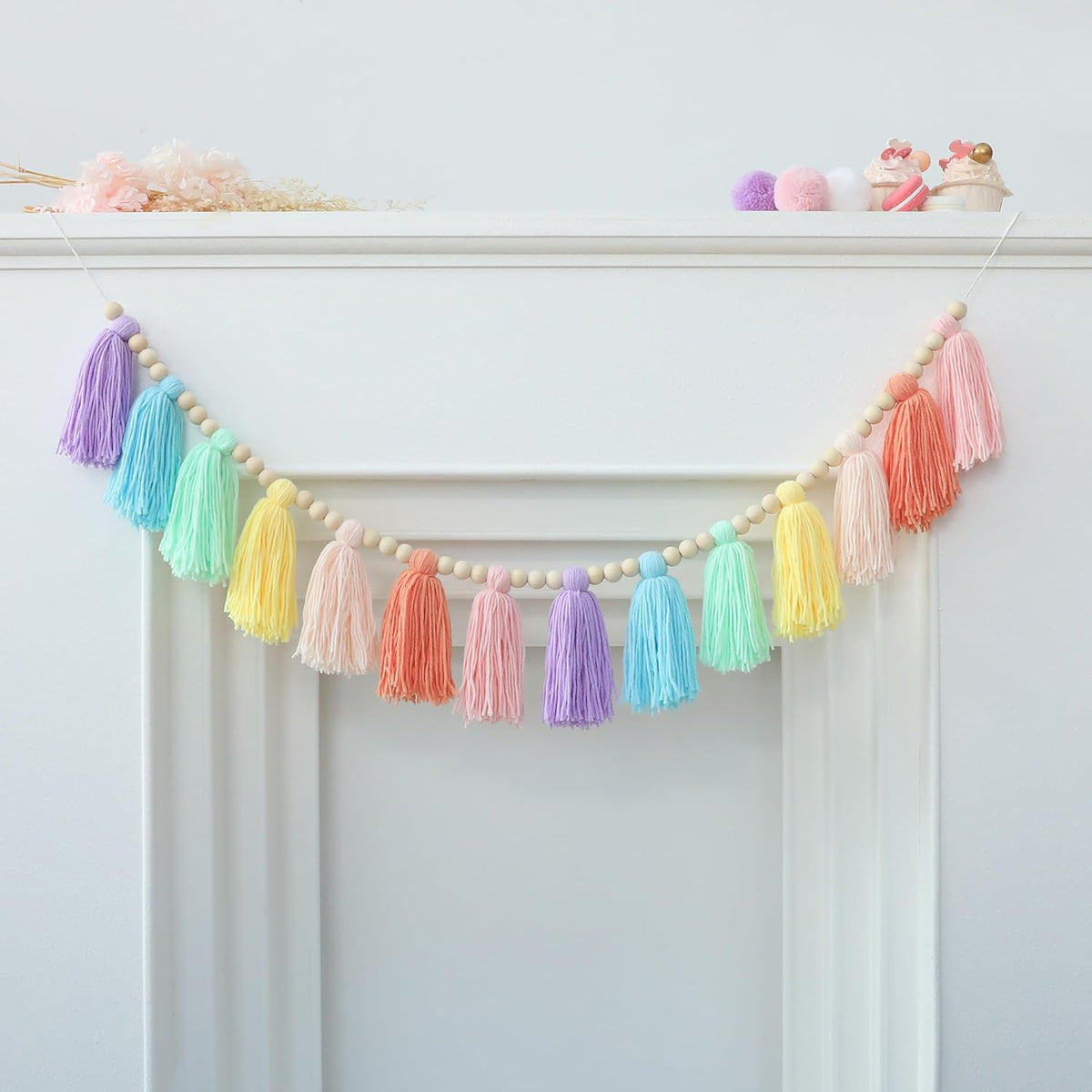 Pastel Rainbow Boho Tassel Garland Wall Hanging with Wood Beads for Baby Shower Birthday Party