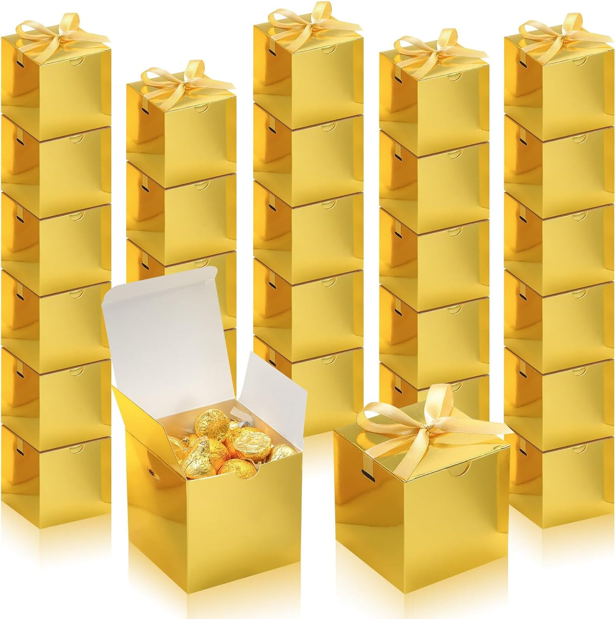 DOYIDE Small Gift Boxes, 60 Pcs 4x4x4 Inch Gold Elegant Paper Box with Ribbons, Party Favor Boxes