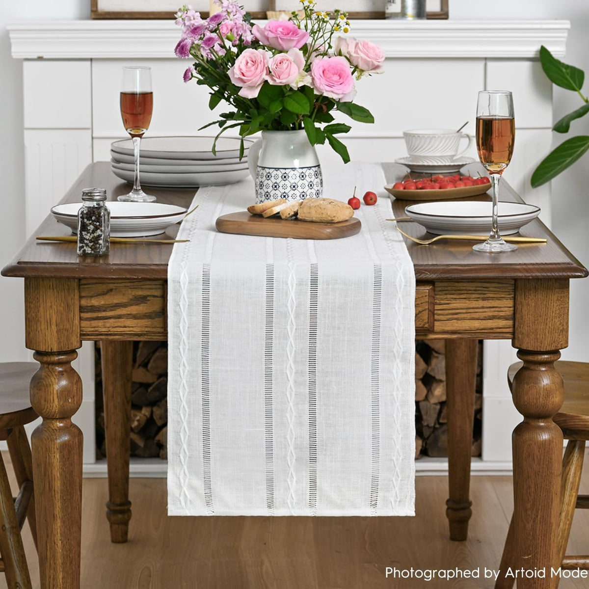 Artoid Mode Rustic Cotton Linen Table Runner, Seasonal Embroidered Hollow Kitchen Dining Table