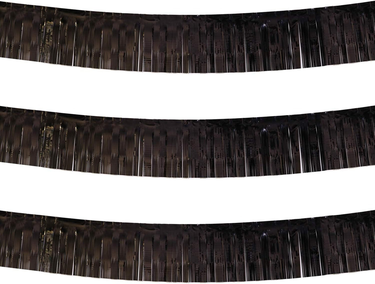 Thick 10 Feet by 15 Inch Black Foil Fringe Garland - Pack of 3 - Shiny Metallic Tinsel Banner for
