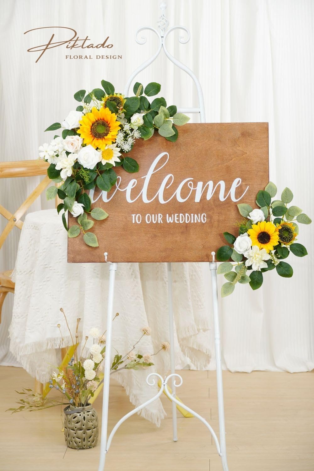 Wedding Decor (Pack of 2) Welcome Sign Flower Backdrop Garland for Ceremony Reception Wall Easel