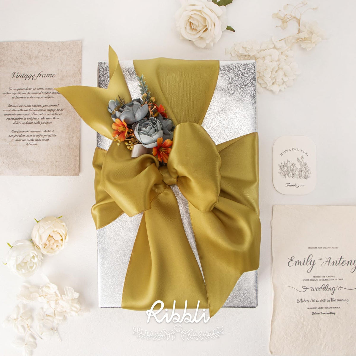Ribbli Gold Satin Ribbon 4 Inch Wide Gold Ribbon for Wedding Chair Sash Grand Opening Ceremony Big