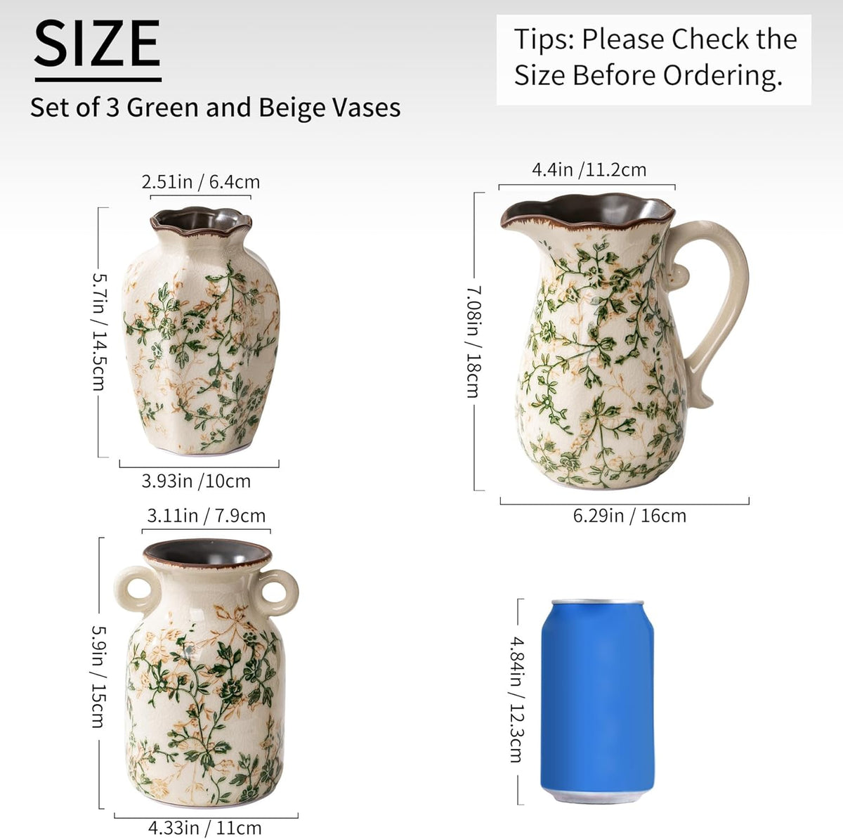 Ceramic Vases Set of 3, Green & Beige Chinoiserie Flower Pitcher Vase, Farmhouse Vintage Floral