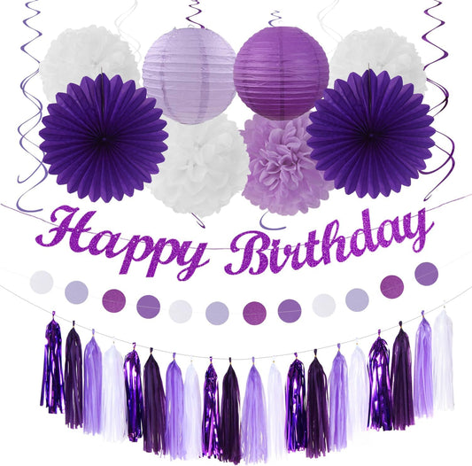 Purple-Lilac Lavender-White Happy Birthday Party-Decorations - 31pcs 20th Women Girls Paper