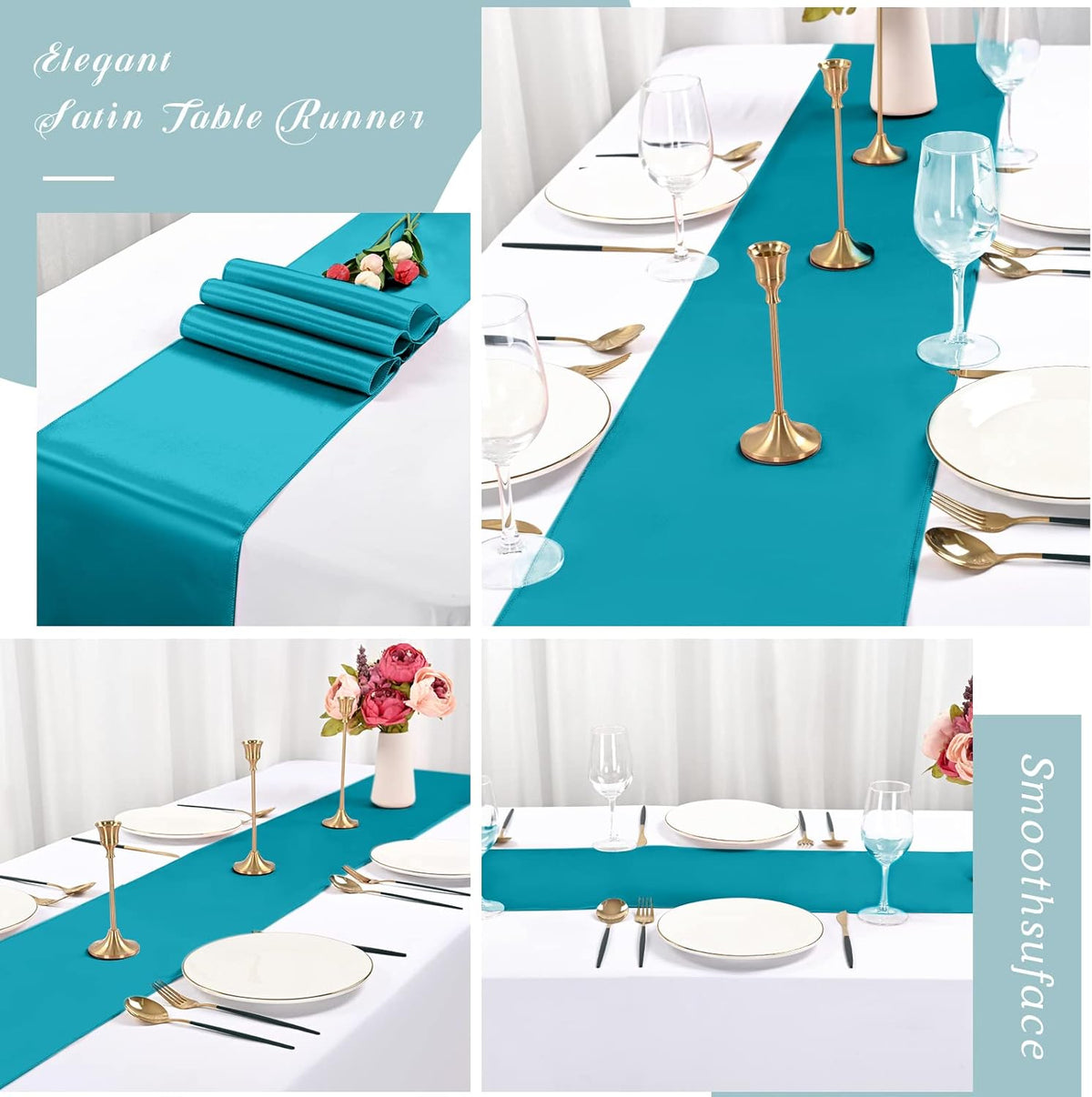 12 Pack Turquoise Satin Table Runner,12 x 108 inch Long Premium Smooth Table Runner for Wedding