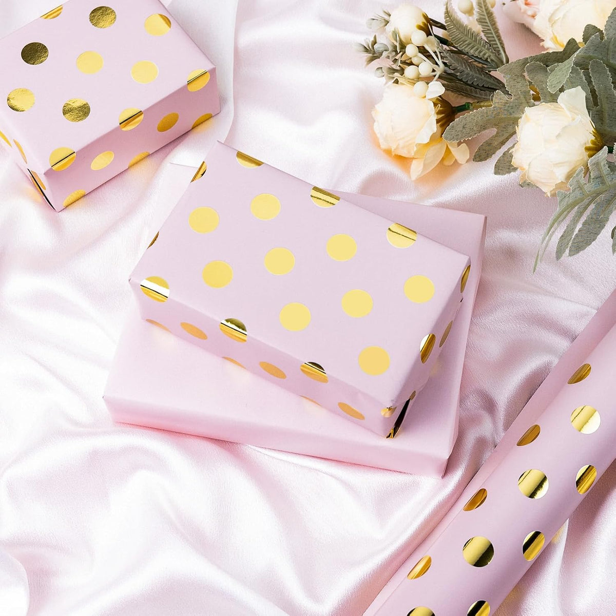 Burymento Pink and Gold Dots Wrapping Paper, Reversible Pink Gift Wrap for Birthday, Valentines