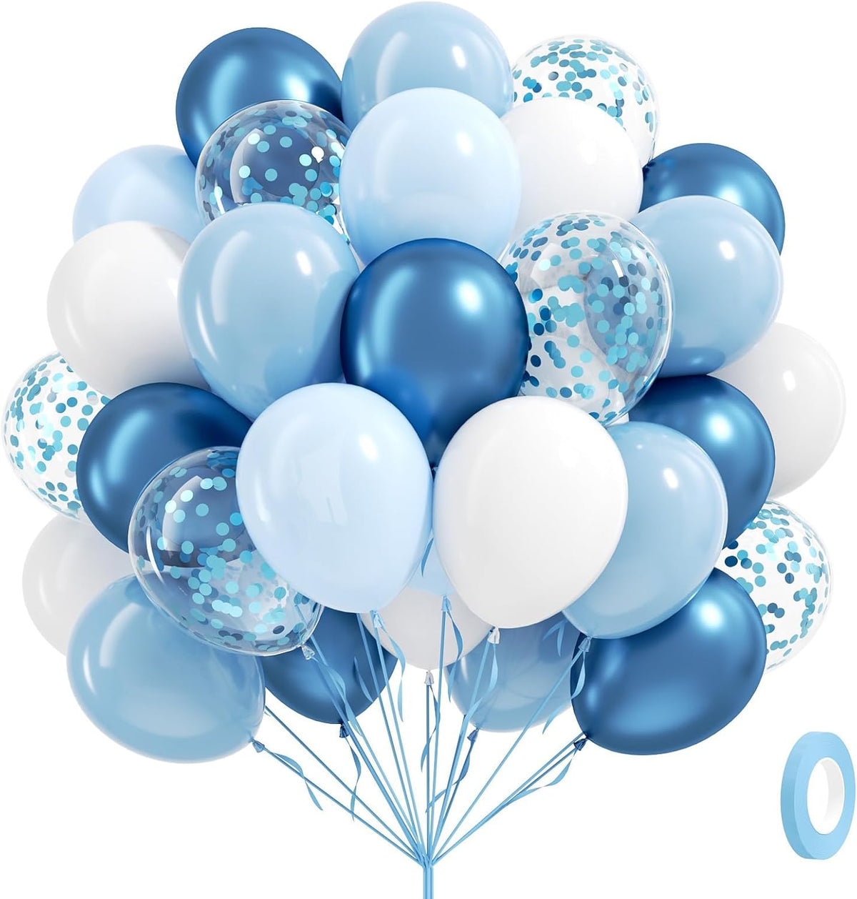 60pcs Blue and White Balloons 12inch with Pastel Pearl Light Blue Confetti White Balloons for