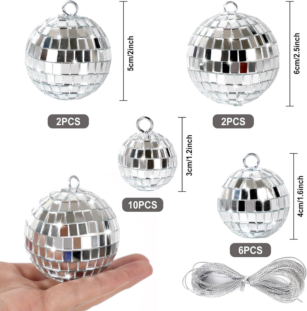20 Pcs Mirror Disco Ball Hanging Ornaments Silver Glass Decor 70s Disco Party Decorations Ornament
