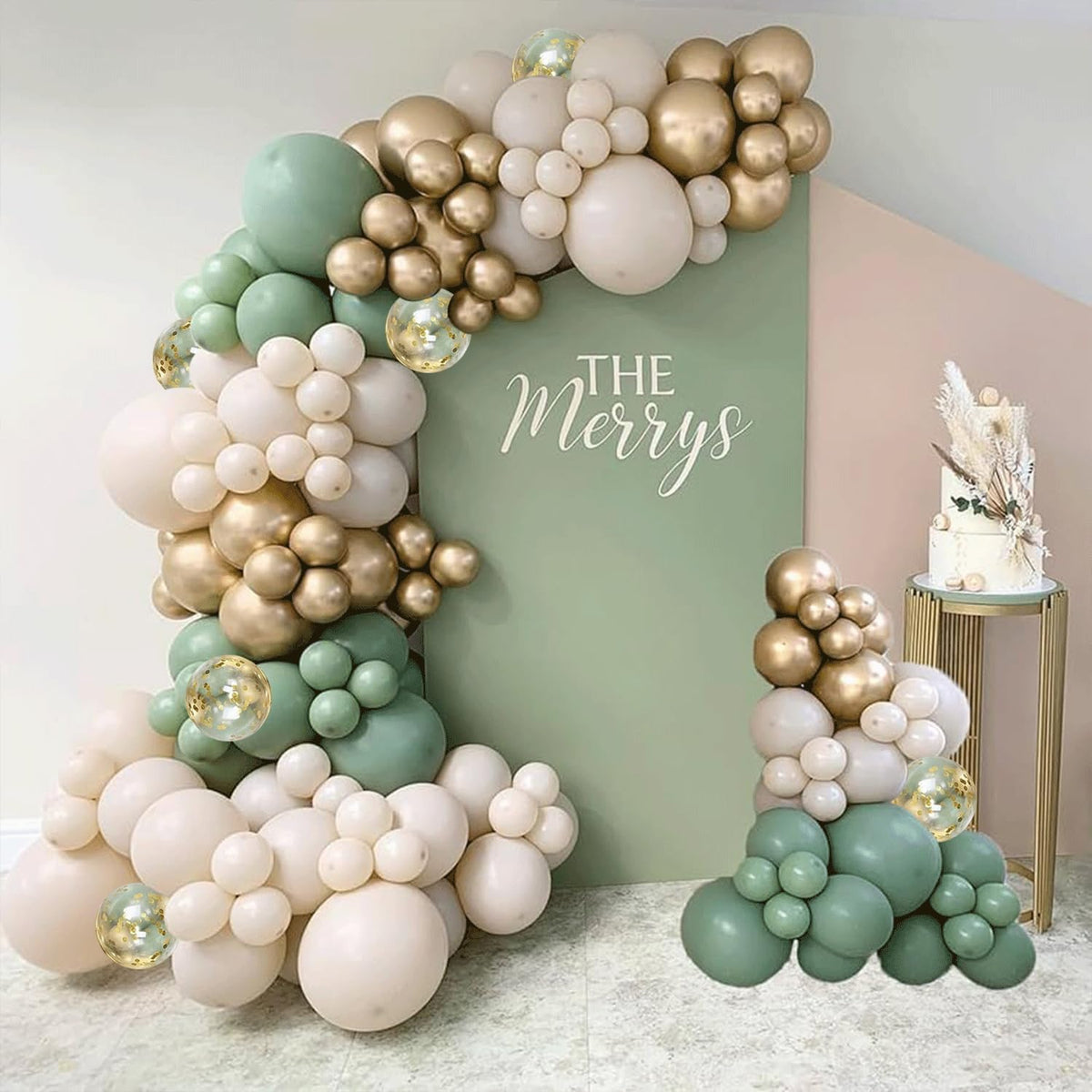 Sage Green White Sand Balloon Arch Kit, Green Beige Gold Metallic Balloons Garland Kit with Gold
