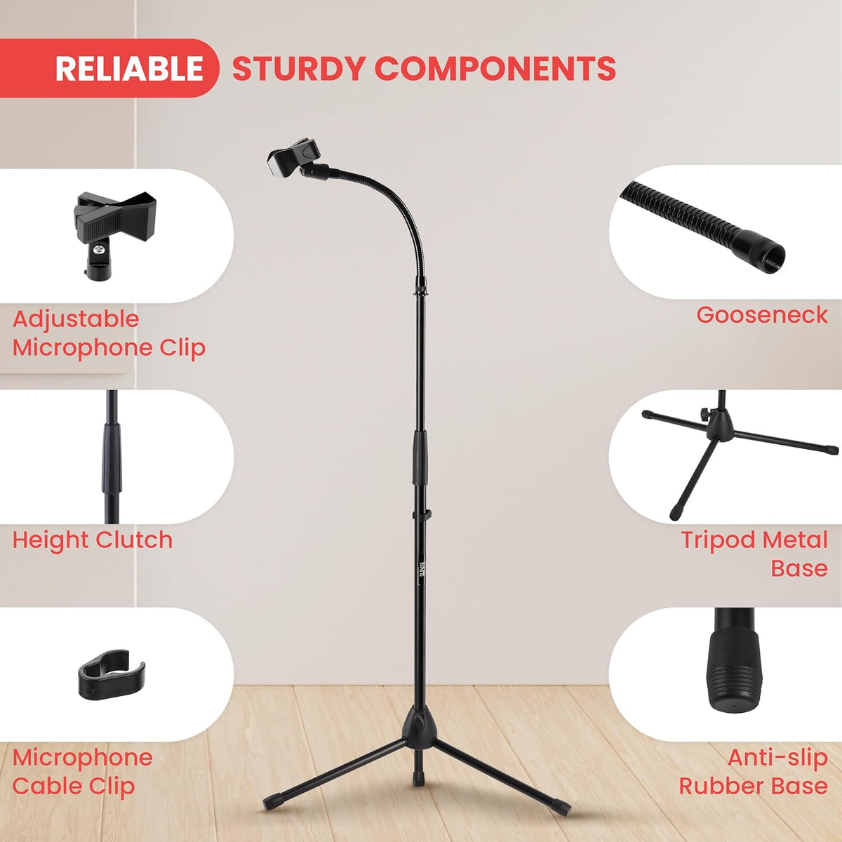 Pyle Tripod Mic Stand, Adjustable Gooseneck Microphone Stand, Sturdy Build, Non-Slip Rubber Feet