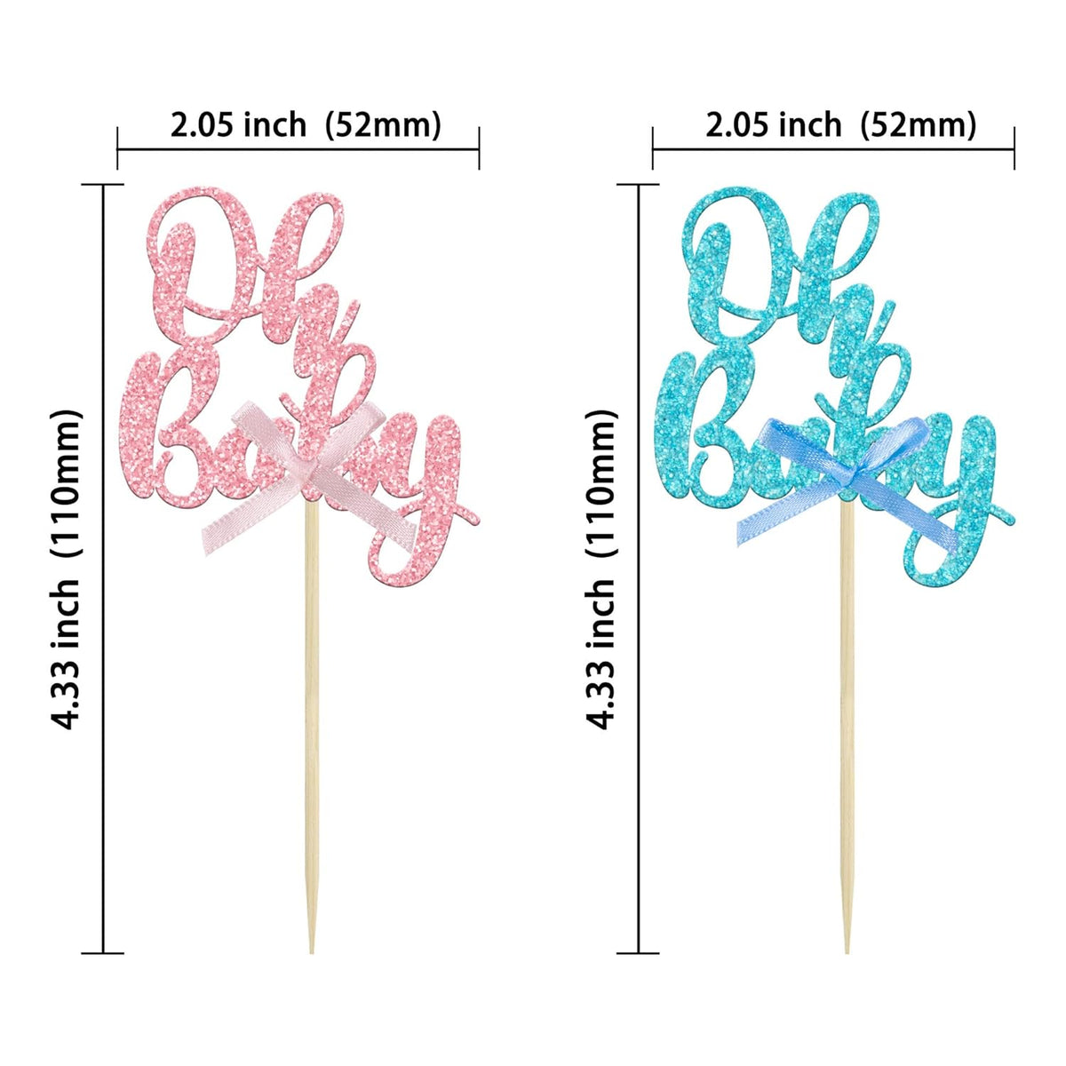 Gyufise 36Pcs Oh Baby Cupcake Toppers Pink Blue Bow Glitter Baby Shower Gender Reveal Cupcake Picks
