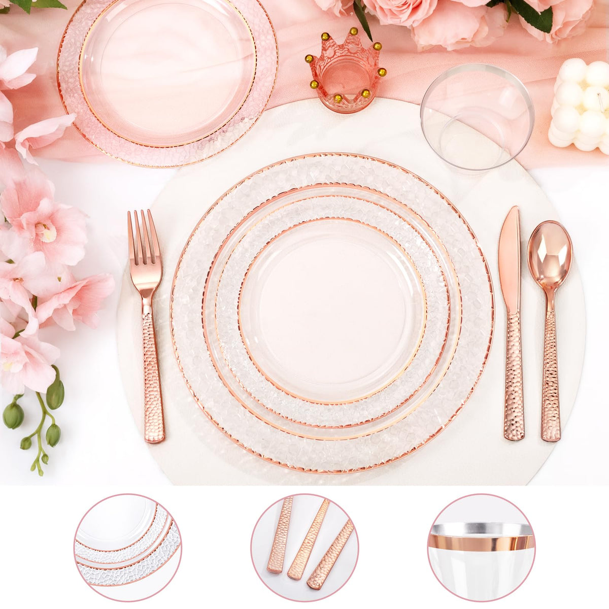 Ciaell 150PCS Rose Gold Plastic Plates – Disposable Plates with Rose Gold Plastic Silverware