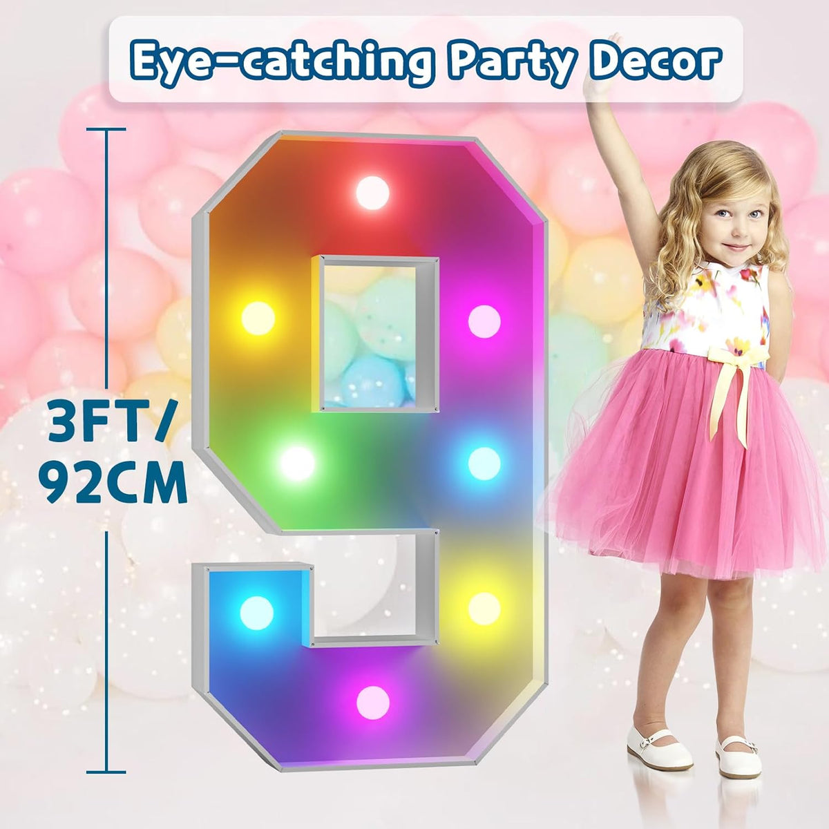 imprsv 3FT Colorful Marquee Numbers,18 Colors Number 9 with Remote, Light Up Numbers Sign for 3rd