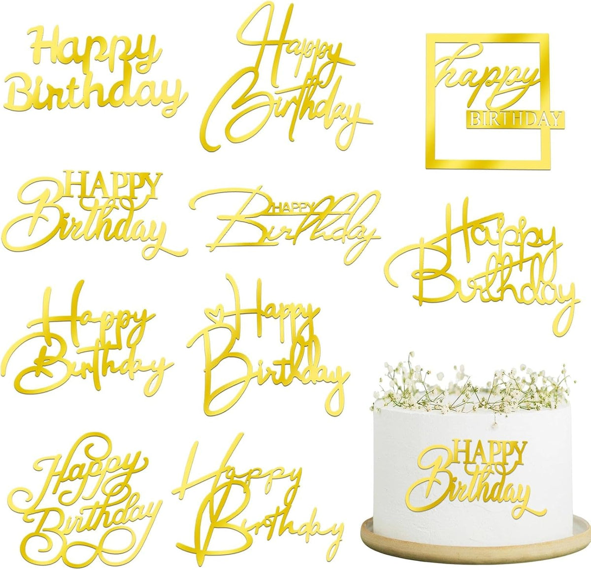 10 PCS Gold Happy Birthday Cake Topper Mirror Acrylic Cake Toppers Double-Sided Glitter Birthday