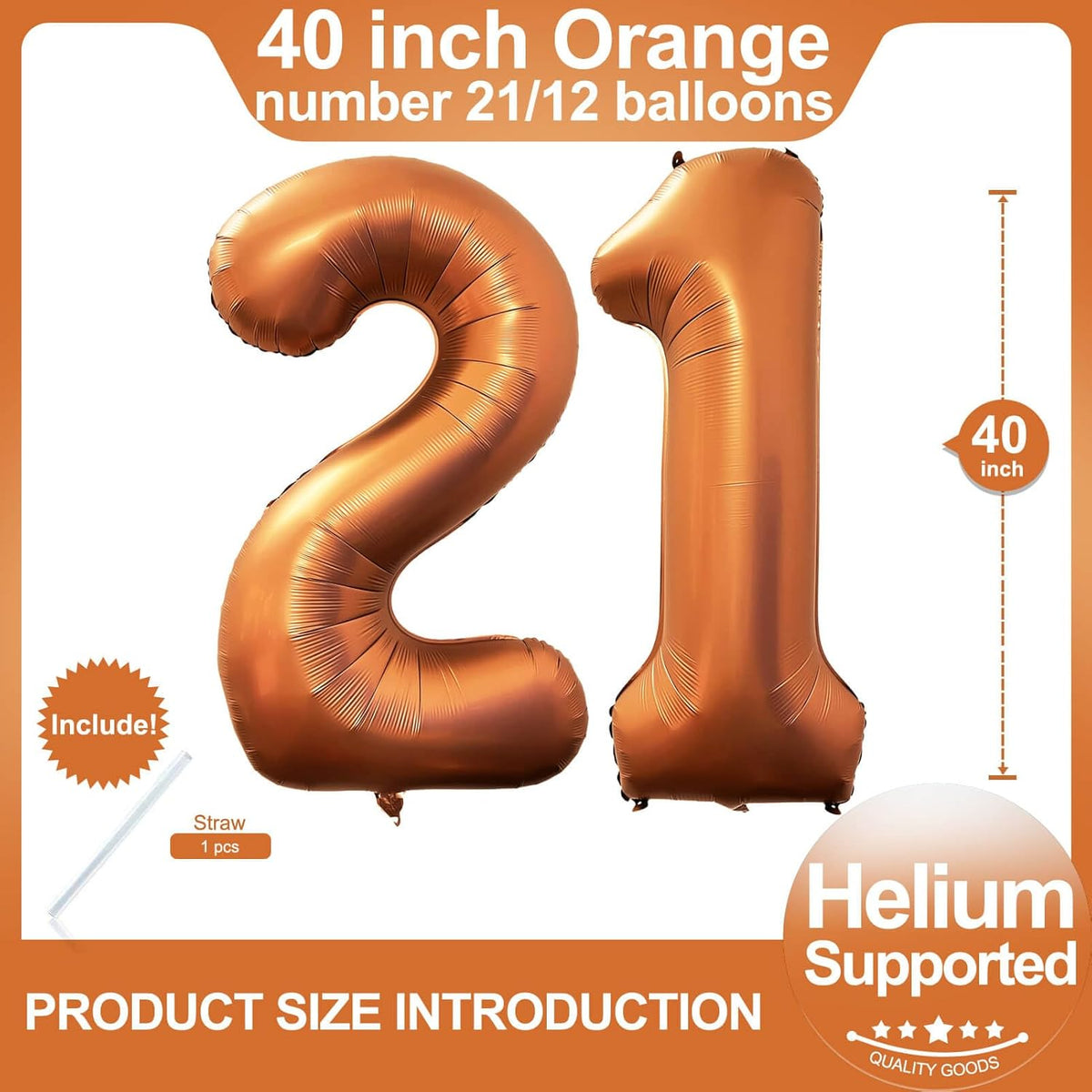 Number 21 Giant Orange 12 Number Foil Helium Balloons for 12th Birthday Party Supplies & 21st