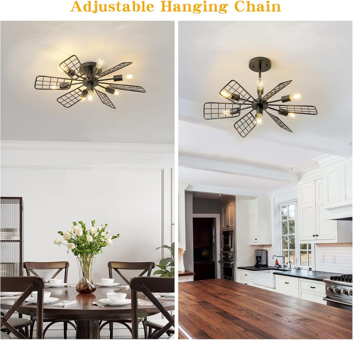 Modern Farmhouse Chandelier,28 Inch Black Metal Geometry Rustic Vintage Semi Flush Mounted Ceiling