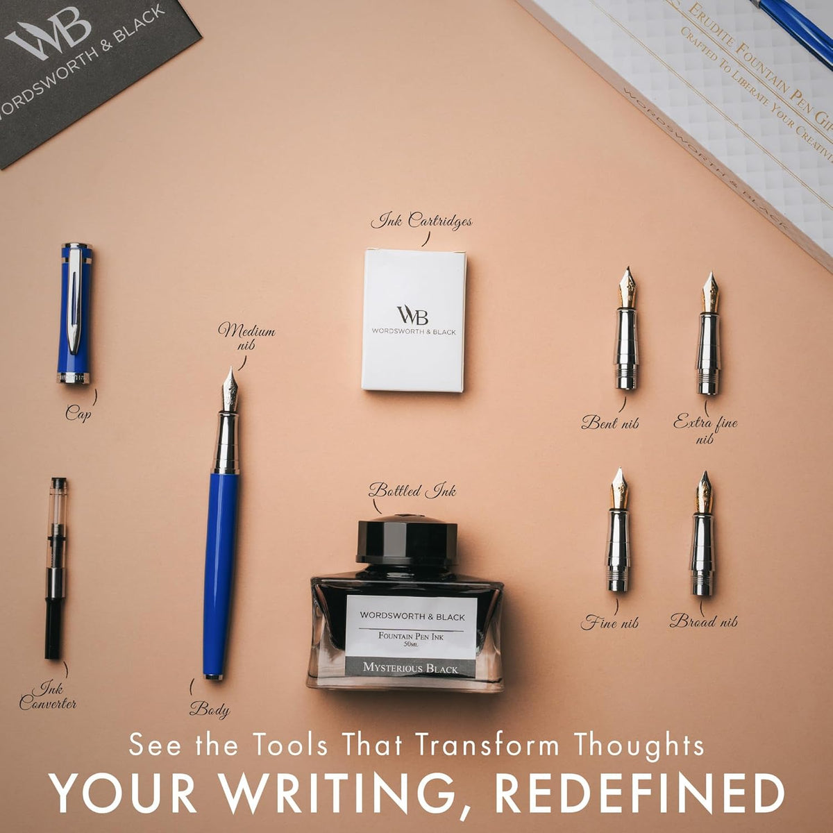 Wordsworth & Black Fountain Pen Gift Set, Includes Bottle, 6 Cartridges, Refill Converter, 4