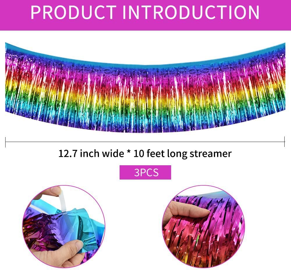 BEISHIDA 3 Packs Metallic Foil Fringe Garland Dark Rainbow Wall Hanging Tinsel Fringe Banners for