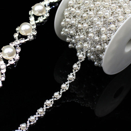 1 Yard Pearl Trim Chain Rhinestone Silver String Crystal Applique Fringe Ribbon Strips Beads Sewing