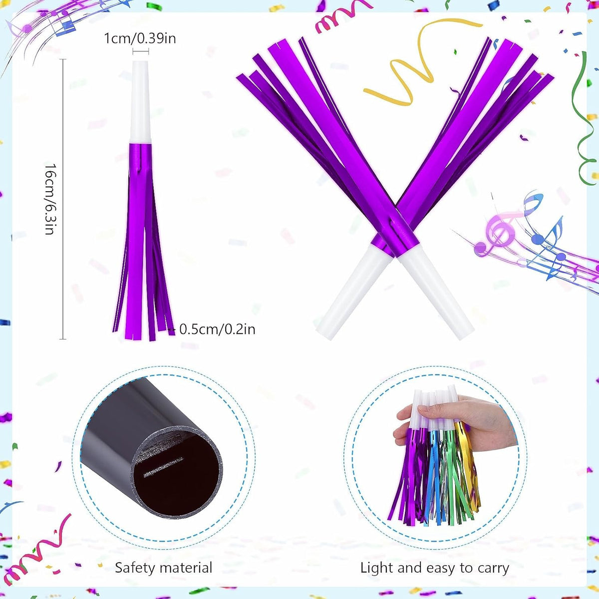 Noise Makers Party Horns, 48 Pack, Purple Metallic Glitter with Fringe, for Birthday, Wedding, New