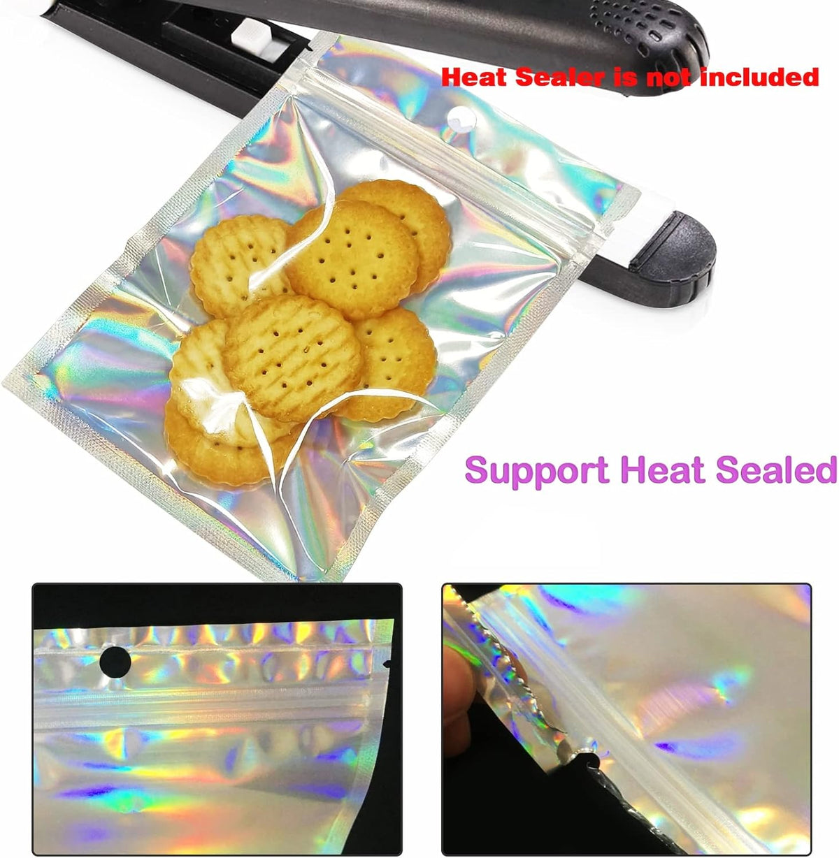 100 Pcs Holographic Resealable Packaging Bags for Small Business Supplies, Cute Small Color Smell