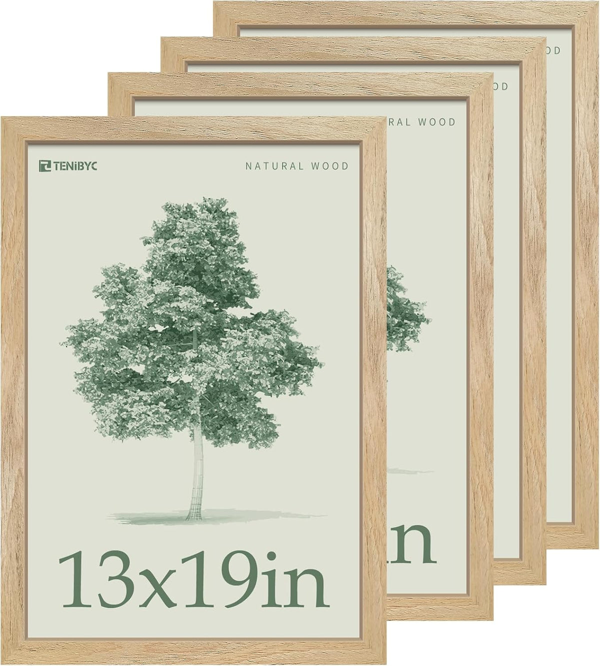 13x19 Picture Frame 4 Pack, Textured Elegant Natural Solid Wood & HD Tempered Glass, Gallery Poster
